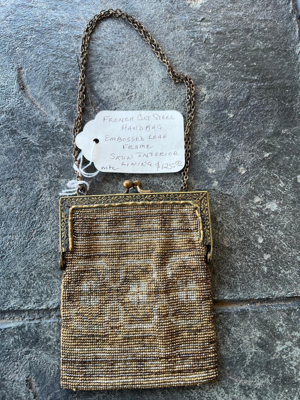 Antique French Cut Steel Micro Beaded Purse Edwardian Art Deco Floral Bag
